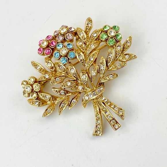 Vintage Rachel Colorful Rhinestone Flower Bouquet Gold Tone Brooch. - Picture 5 of 7